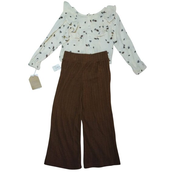 Grayson Collective Girls 4T Outfit with Leaf Print Cotton Top and Brown Pants. - Picture 1 of 8
